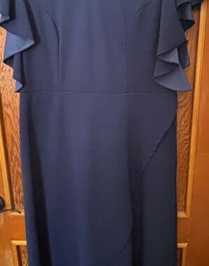 SHEIN Curve V-Neck Ruffle Flutter Sleeve Side Split High-Low Navy Formal Dress